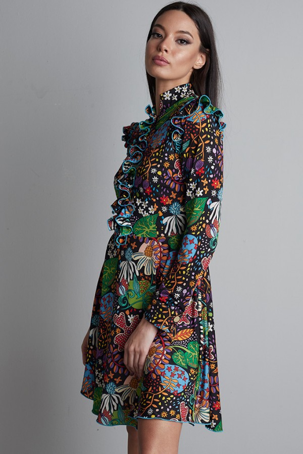 Vestido chorreras licra negra estampado flores Vestido chorreras licra negra estampado flores