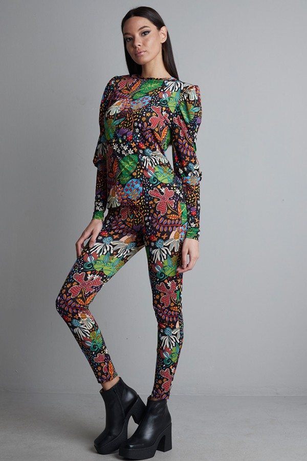 Pantalón Palazzo licra negra estampado flores Pantalón Palazzo licra negra estampado flores
